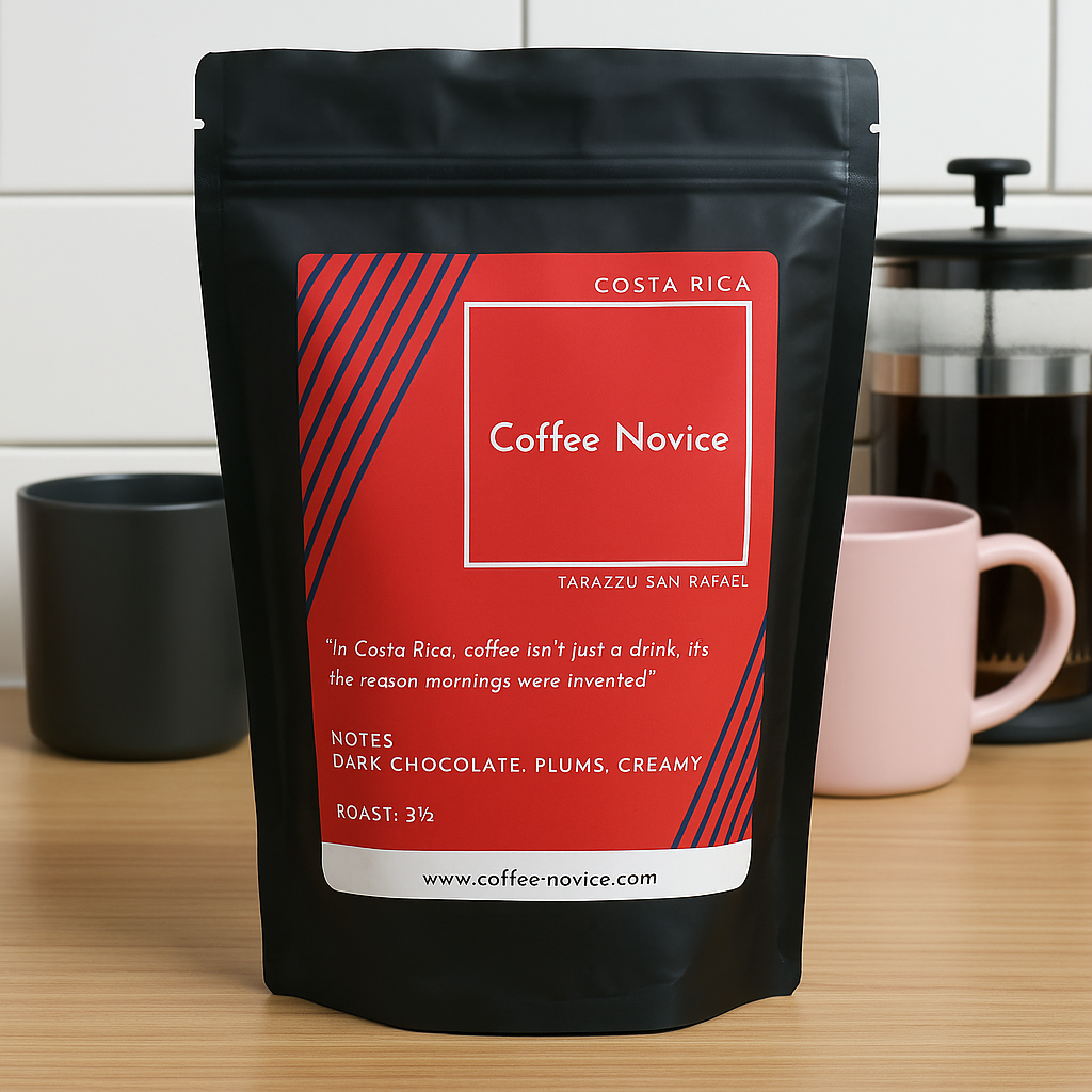 Costa Rica Tarrazu coffee beans – smooth, creamy with plum and chocolate notes.